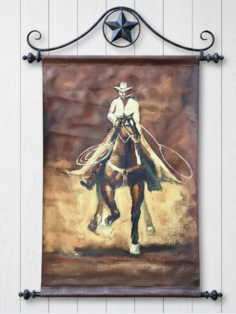 Vintage Western Cowboy Oil Painting Scroll Wall Hanging Original Art Texas Star